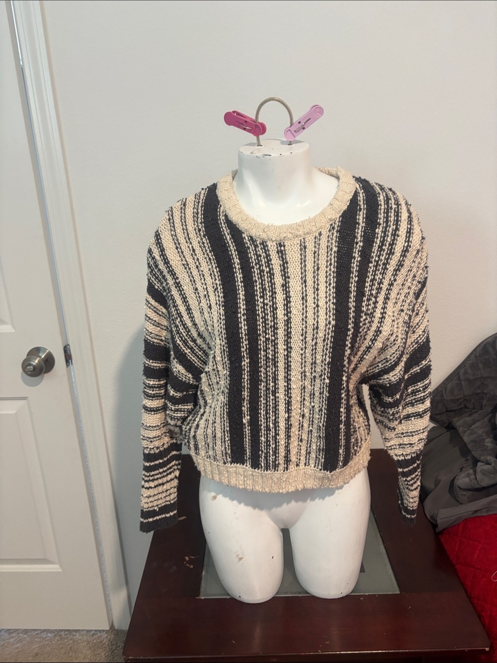 Billabong Black and Cream Striped Crewneck Sweater